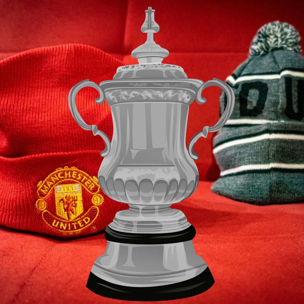 Retrotext Manchester United FA Cup trophy illustration with red and green winter hats on a red background
