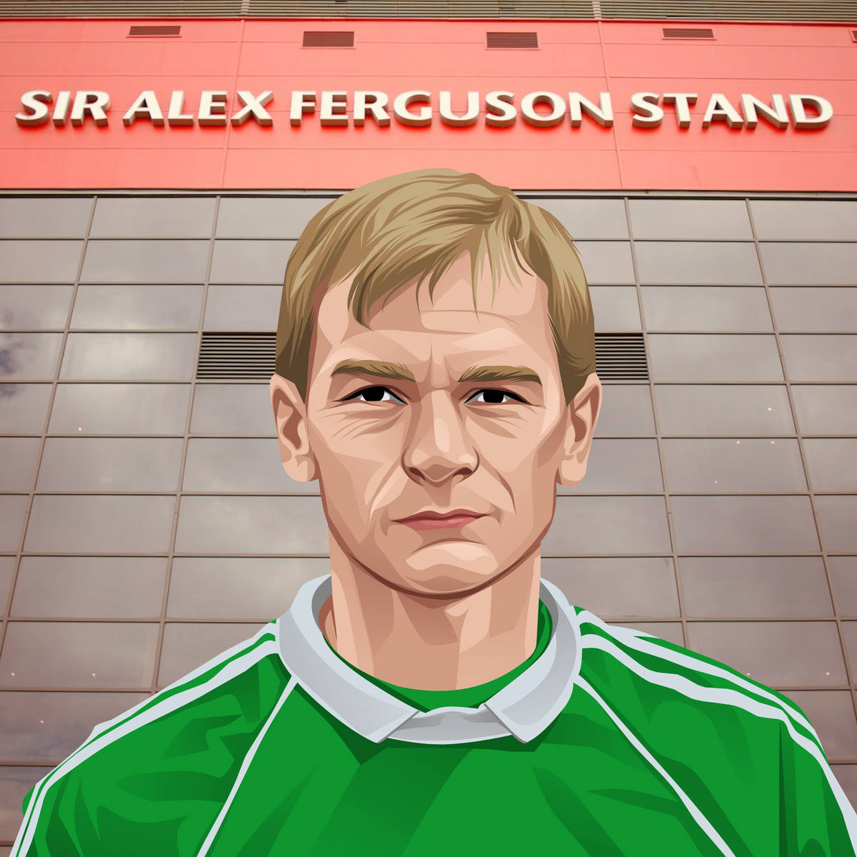 Retrotext mug featuring a graphic illustration of a Manchester United player in a green kit at Old Trafford