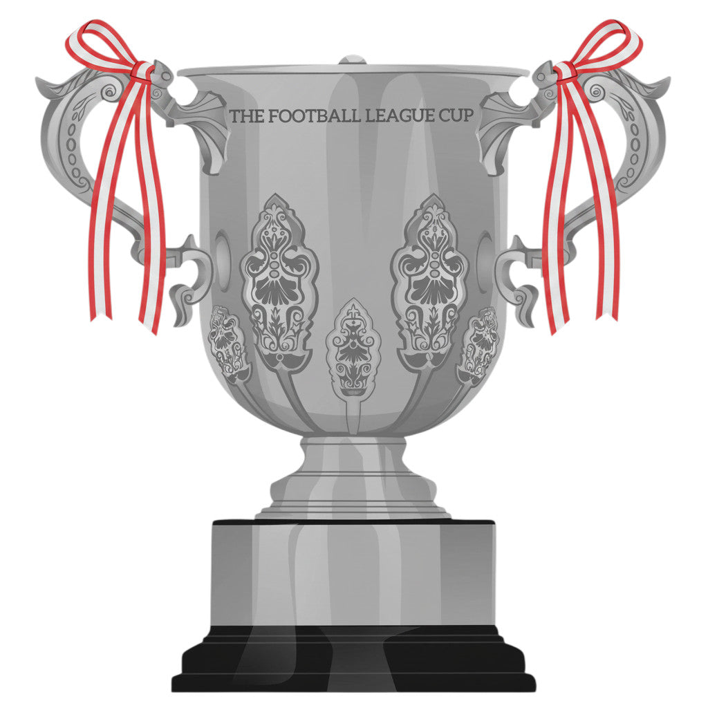 Retrotext Manchester United 2023 League Cup trophy illustration on a white ceramic mug with red and white ribbons