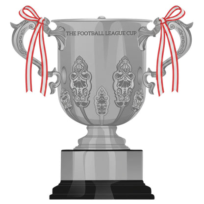 Retrotext Manchester United 2023 League Cup trophy illustration on a white ceramic mug with red and white ribbons