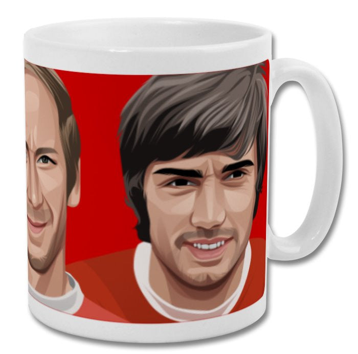 Retrotext Manchester United ceramic mug featuring illustrated portraits of Law, Charlton, and Best on a red background.