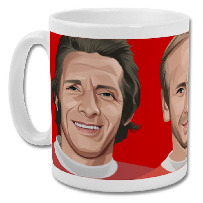 Retrotext ceramic mug featuring vibrant illustrations of Manchester United legends Law, Charlton, and Best on red