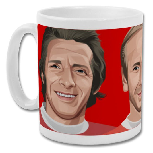 Retrotext ceramic mug featuring vibrant illustrations of Manchester United legends Law, Charlton, and Best on red