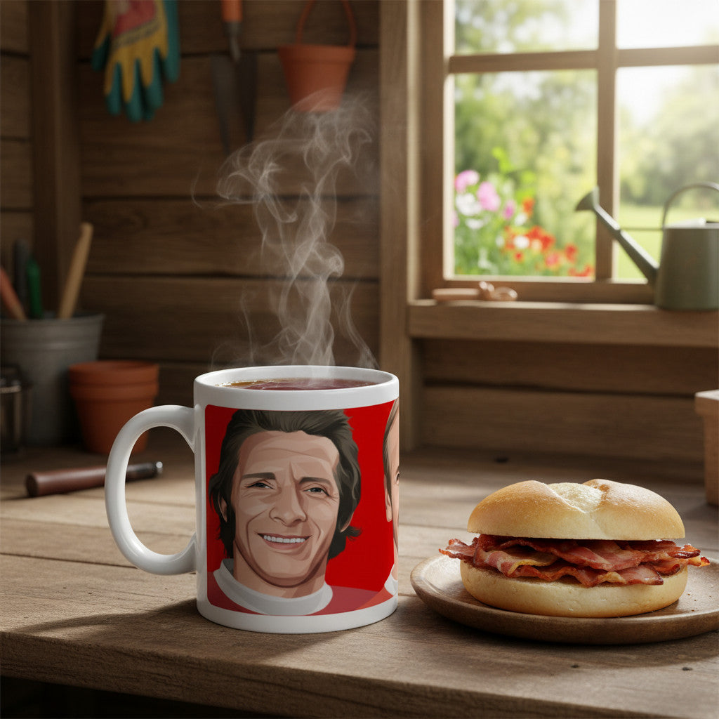 Retrotext Manchester United ceramic mug featuring Law, Charlton, and Best illustrations on a red background with steam