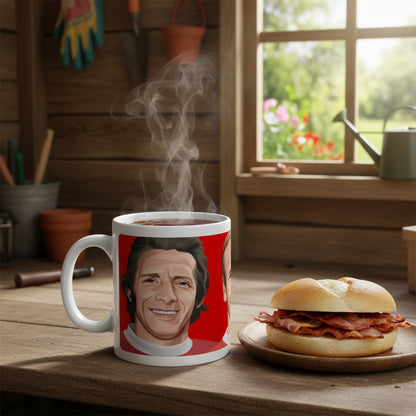Retrotext Manchester United ceramic mug featuring Law, Charlton, and Best illustrations on a red background with steam