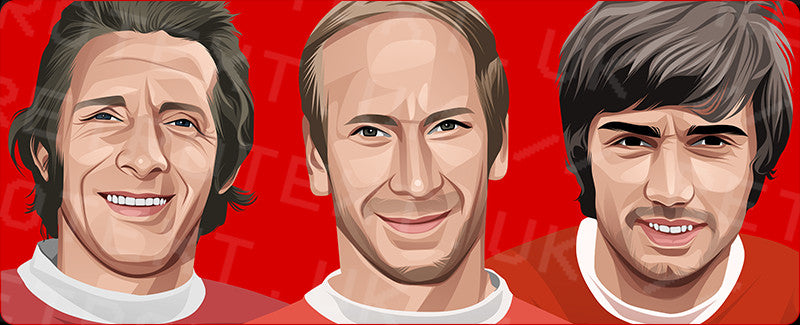 Retrotext Manchester United mug featuring vibrant illustrations of football legends Law, Charlton, and Best on red.