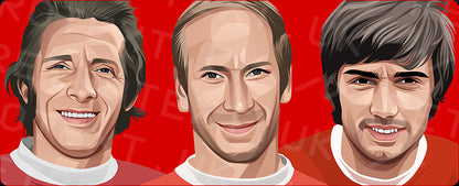 Retrotext Manchester United mug featuring vibrant illustrations of football legends Law, Charlton, and Best on red.
