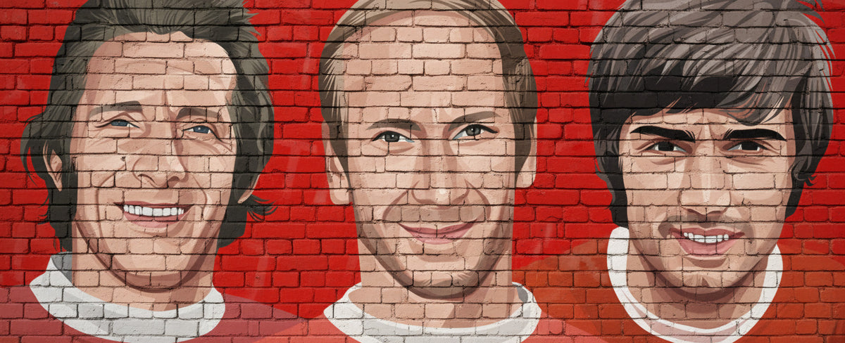 Retrotext Manchester United mug featuring vibrant illustrations of Law, Charlton, and Best on a red brick background