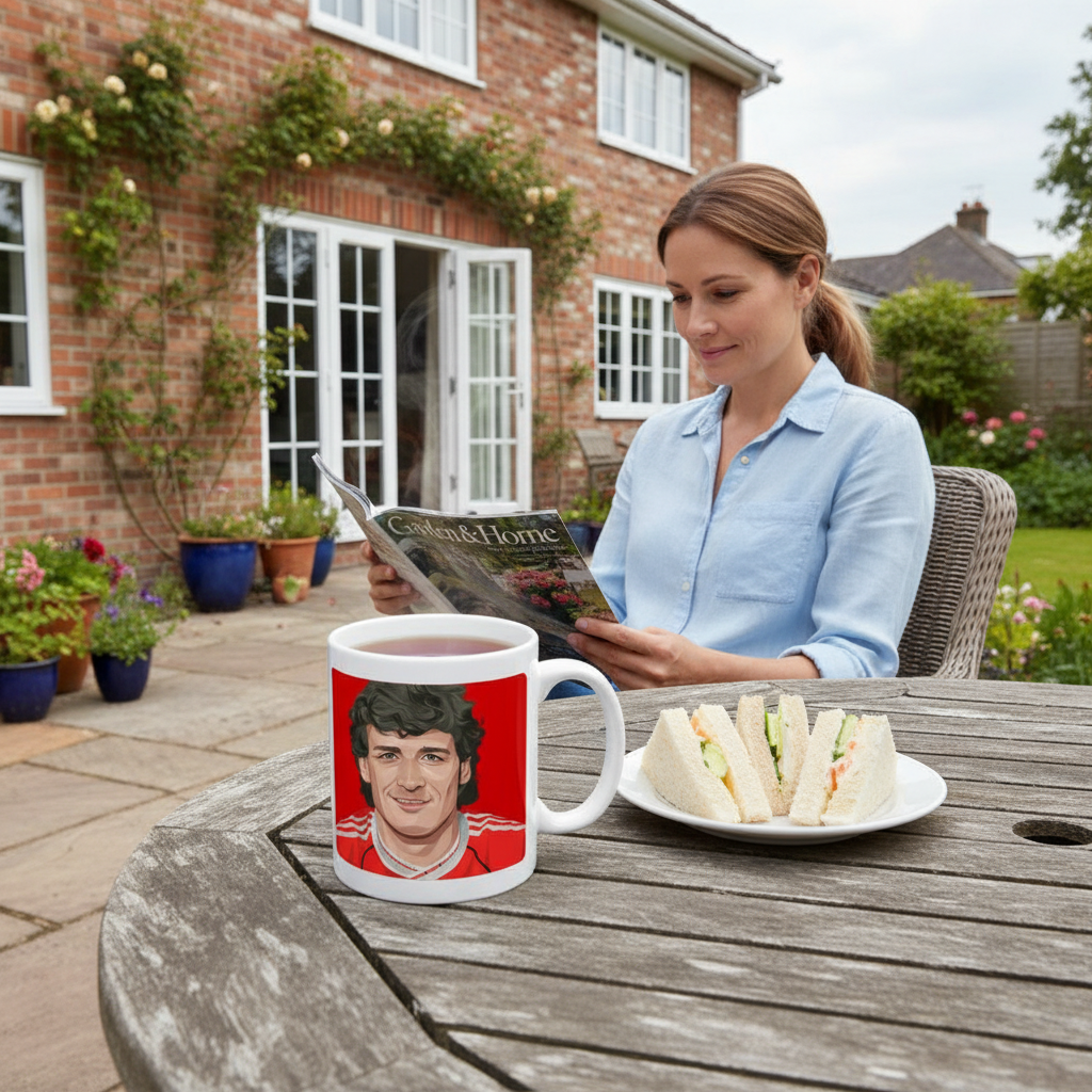 Retrotext Manchester United Mark Hughes 1991 European Cup-Winners Cup ceramic mug on a garden table with sandwiches.