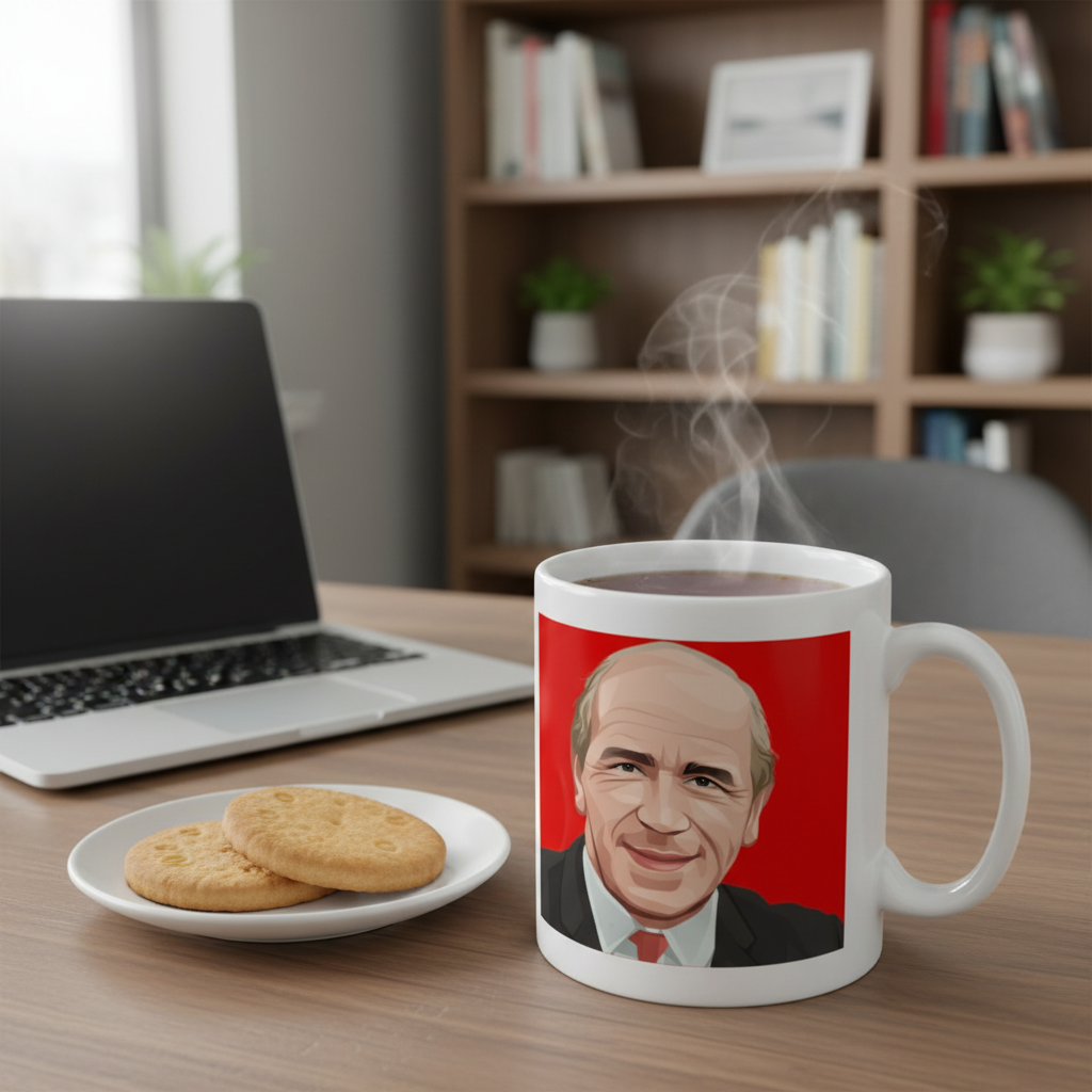 Retrotext Manchester United 1963 FA Cup mug featuring a portrait of Sir Matt Busby on a desk with coffee and biscuits.