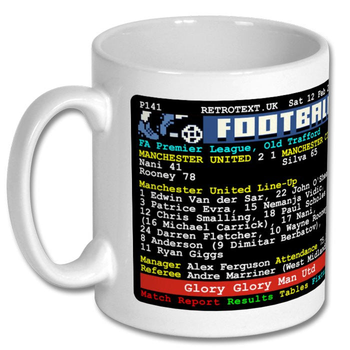 Retrotext ceramic mug featuring a 2011 Manchester United vs Manchester City teletext match report and Wayne Rooney goal