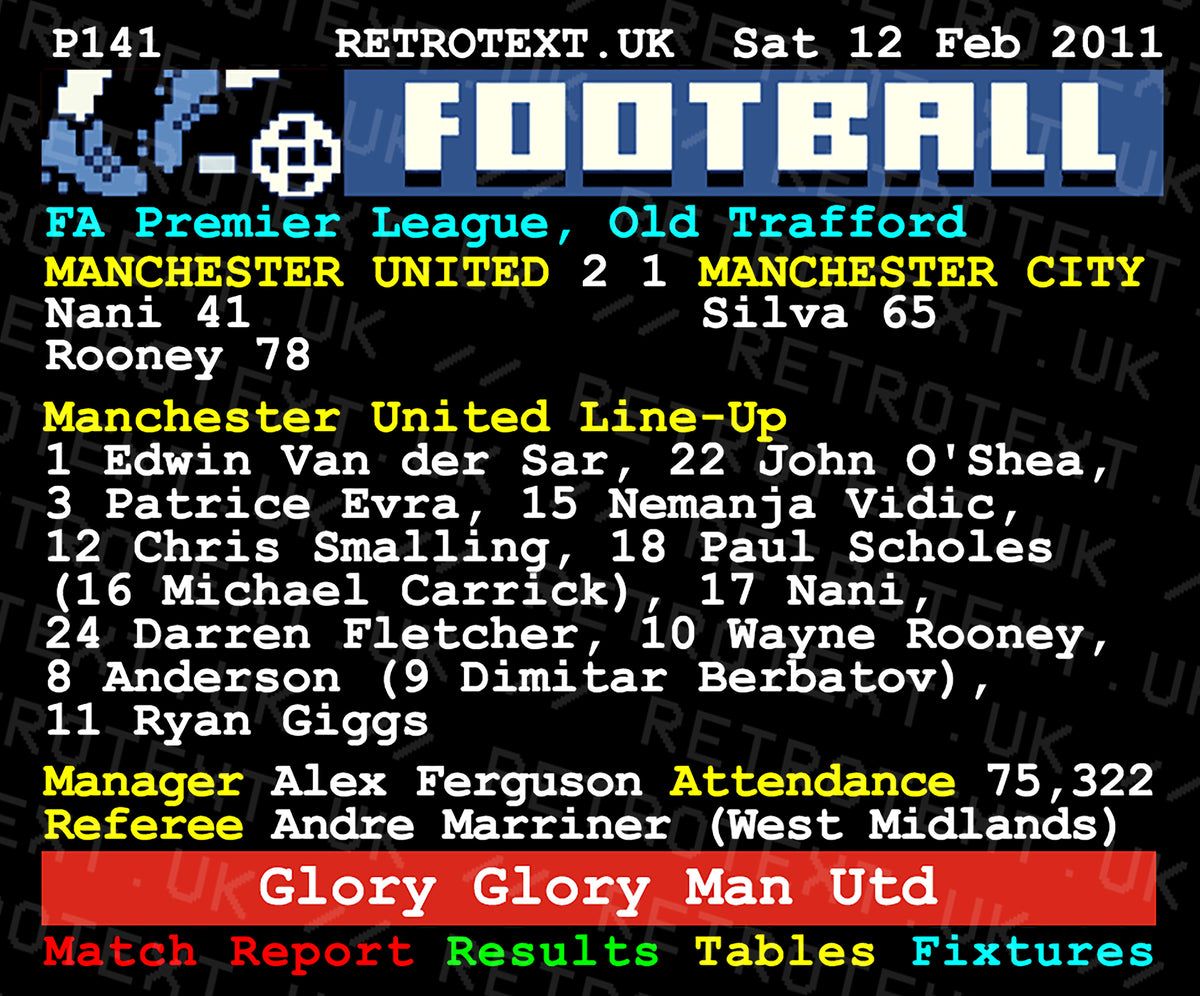 Retrotext ceramic mug featuring a 2011 Manchester United vs Manchester City teletext match report and line-up design