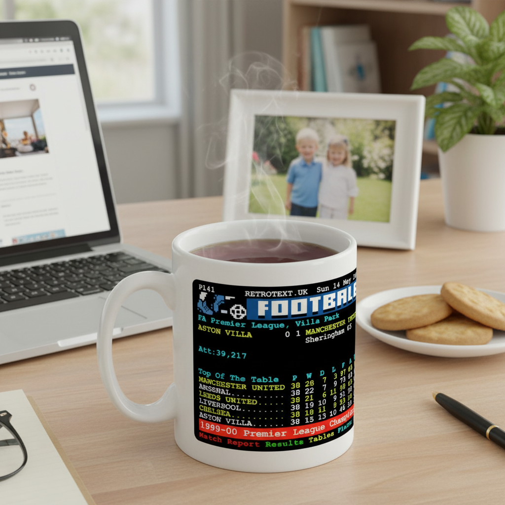 Retrotext Manchester United 2000 Premier League Champions ceramic mug with teletext graphic on a wooden desk.