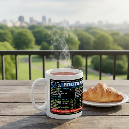 Retrotext Manchester United 2013 Premier League Champions teletext mug on a wooden table with a croissant