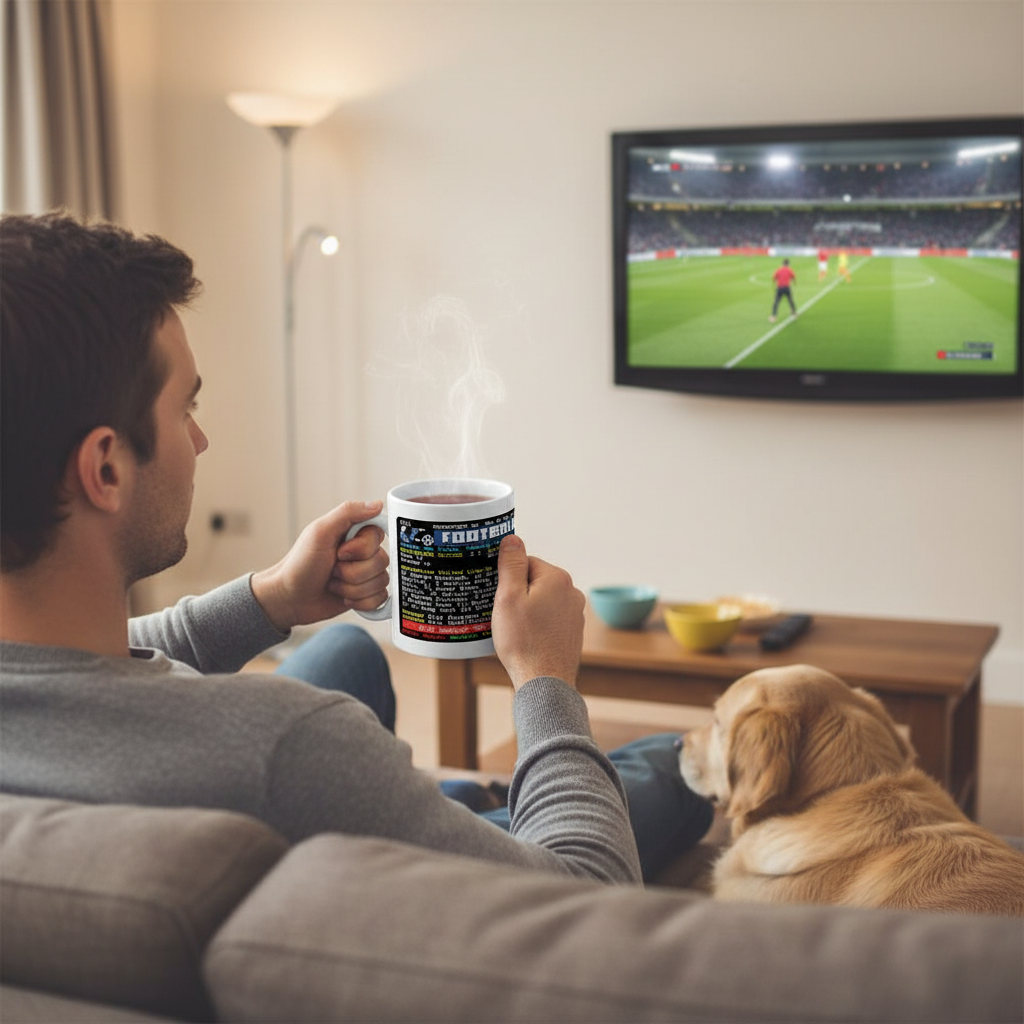 Retrotext Manchester United 2010 League Cup ceramic mug with teletext graphic held by a man watching football at home