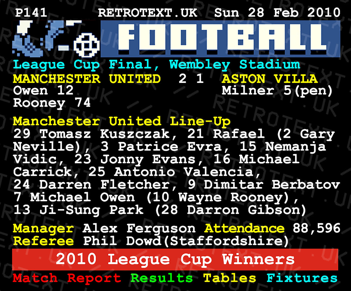 Retrotext Manchester United 2010 League Cup final ceramic mug featuring a pixelated teletext match report graphic