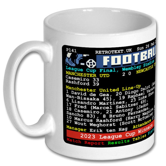 Retrotext Manchester United 2023 League Cup ceramic mug featuring Marcus Rashford and retro teletext match details.