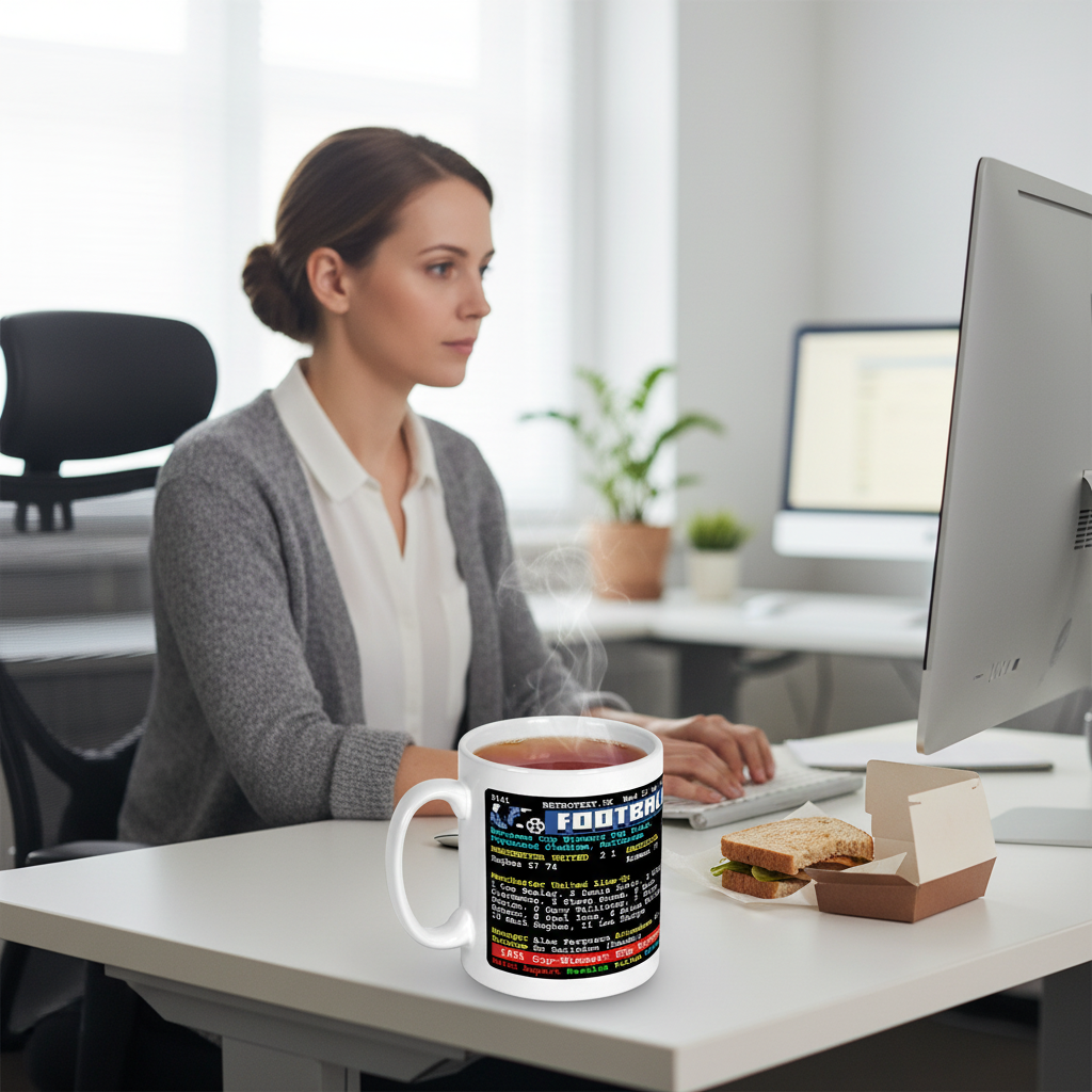 Retrotext Manchester United 1991 European Cup-Winners Cup ceramic mug with teletext match details on a desk