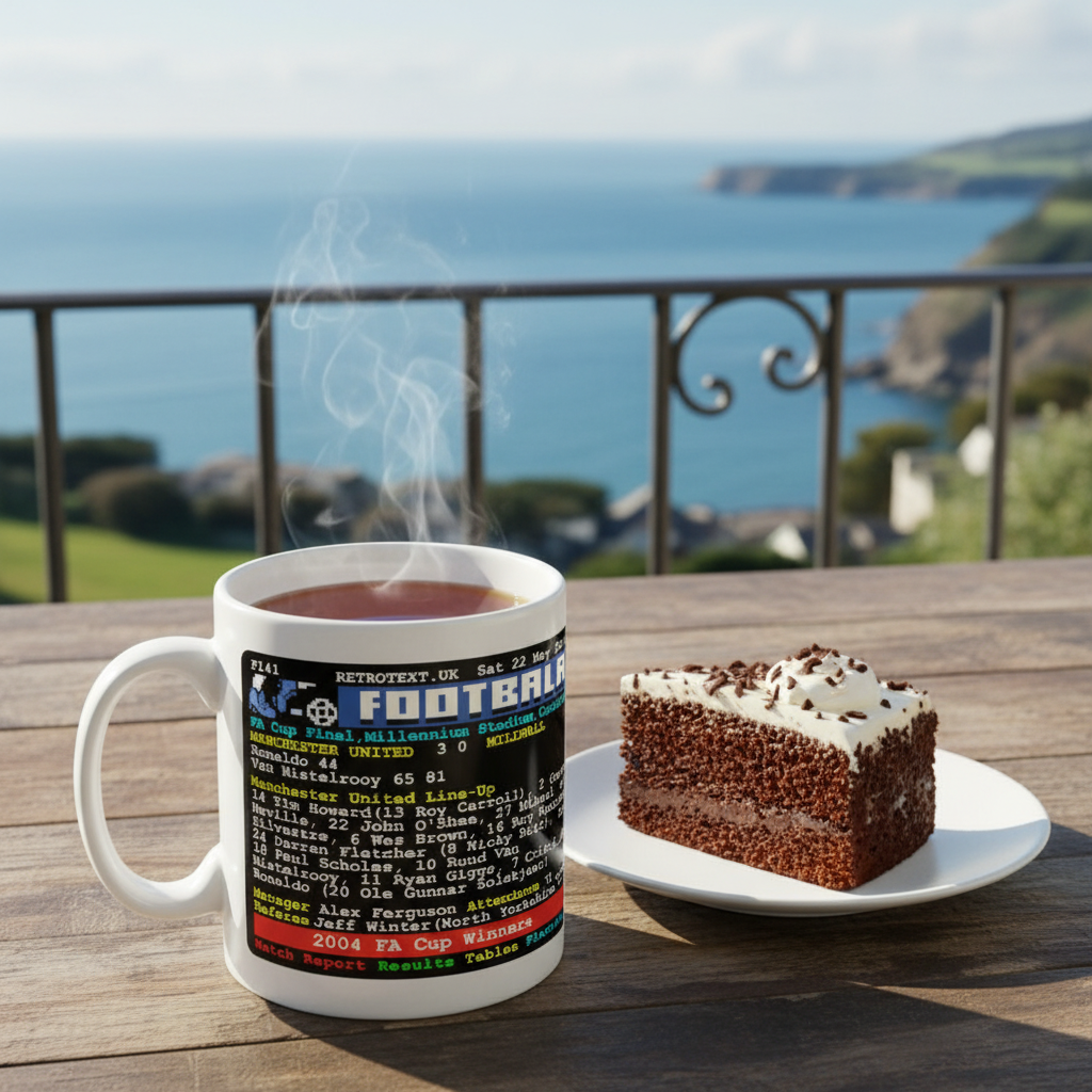 Retrotext Manchester United 2004 FA Cup teletext ceramic mug with team line-up next to chocolate cake on a balcony