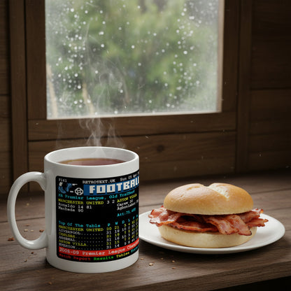 Retrotext Manchester United 2009 Premier League Champions teletext design mug with a bacon roll on a wooden table