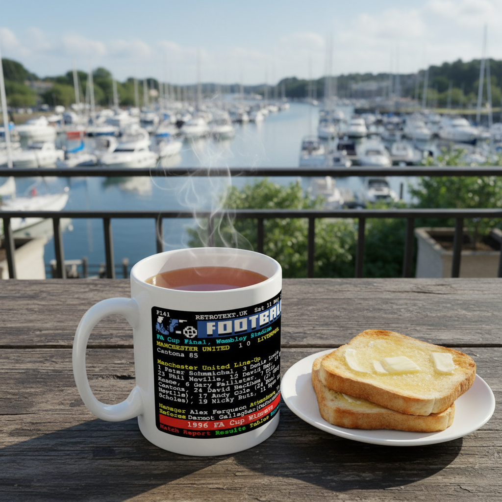 Retrotext Manchester United 1996 FA Cup mug featuring teletext match details, sitting on a table with buttered toast.