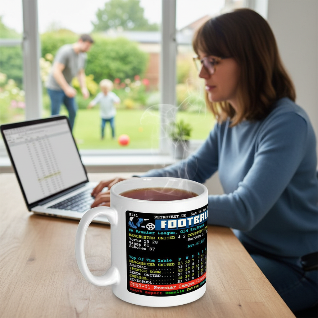 Retrotext Manchester United 2001 Premier League ceramic mug with teletext match details on a desk with a woman working