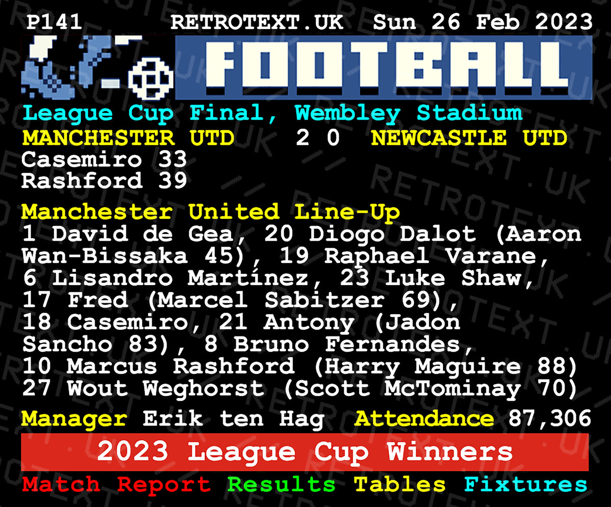 Retrotext Manchester United 2023 League Cup final teletext graphic featuring match stats and line-up on a ceramic mug