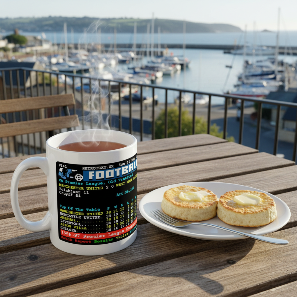 Retrotext Manchester United 1997 Premier League Champions ceramic mug with teletext graphic on a wooden balcony table