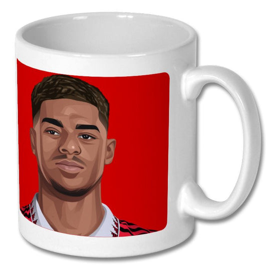 Retrotext Manchester United ceramic mug featuring a vibrant illustration of Marcus Rashford on a red background
