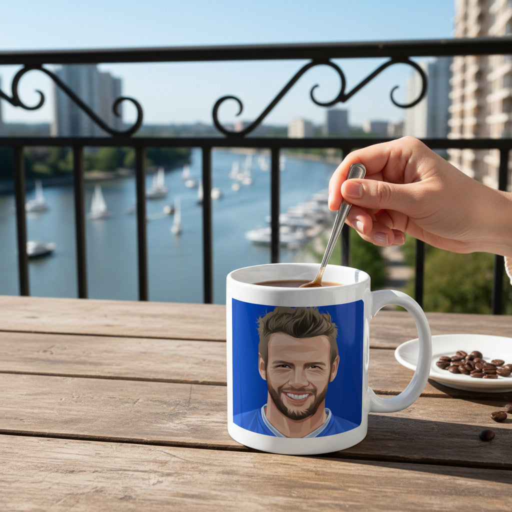 Retrotext ceramic mug featuring an illustration of Marcus Stewart from the Ipswich Town 2000 Playoff Final
