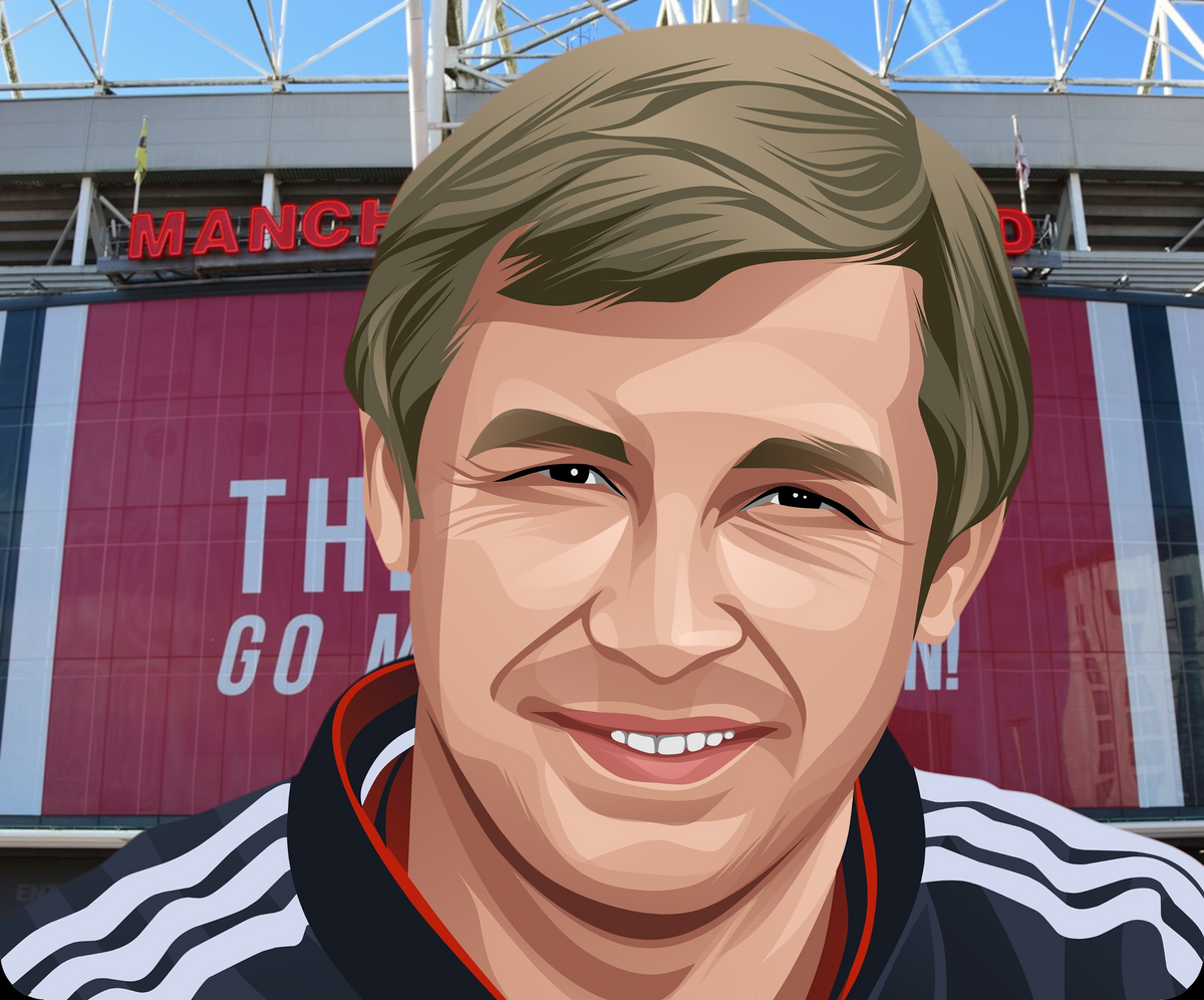 Retrotext ceramic mug featuring a vibrant illustration of Manchester United legend Mark Hughes in a football kit