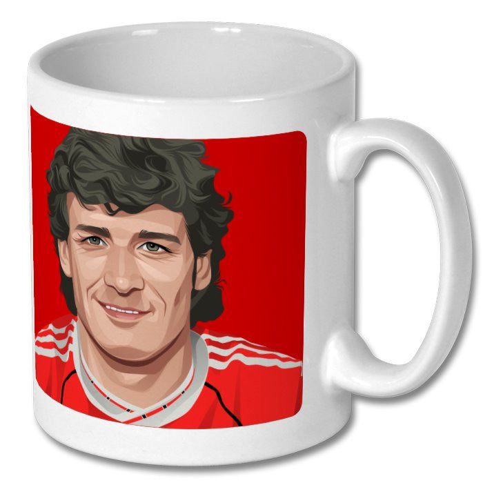 Retrotext ceramic mug featuring a vibrant illustration of Manchester United legend Mark Hughes in his 1991 kit
