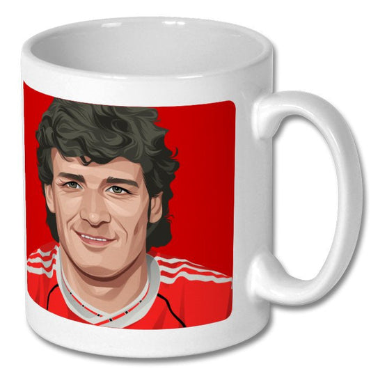 Retrotext ceramic mug featuring a vibrant illustration of Manchester United legend Mark Hughes in his 1991 kit