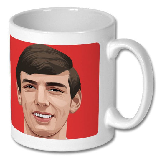 Retrotext ceramic mug featuring a vibrant illustration of England football legend Martin Peters on a red background