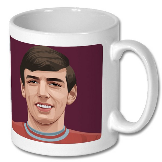 Retrotext ceramic mug featuring a vintage illustration of West Ham legend Martin Peters in claret and blue kit