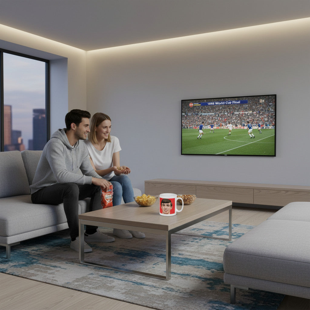 Retrotext ceramic mug featuring Martin Peters 1966 World Cup design on a coffee table in a modern living room