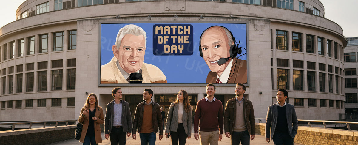 Retrotext John Motson and Barry Davies Match of the Day illustration on a large outdoor digital billboard