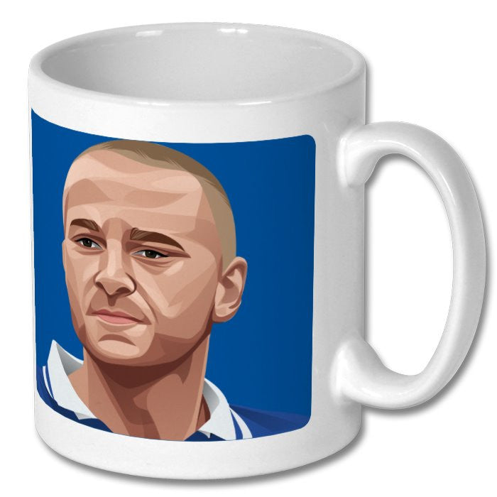 Retrotext Leicester City Matt Elliott ceramic mug featuring a blue and white illustration of the football legend