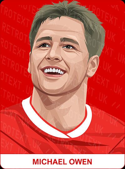 Retrotext personalised Liverpool Legends mug featuring a vibrant illustration of Michael Owen on a red background