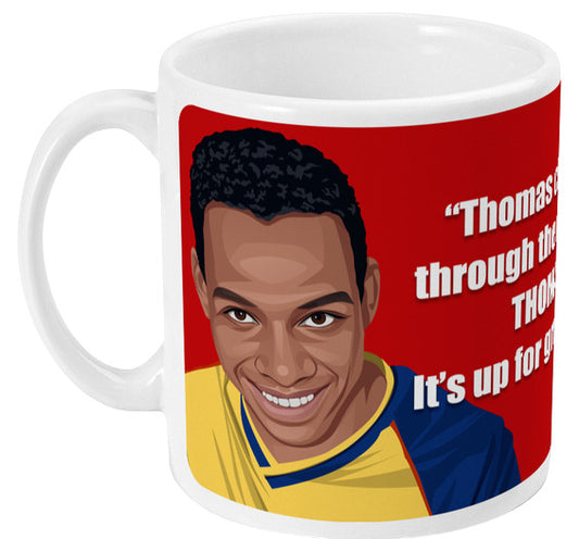 Retrotext 11oz glossy white ceramic mug featuring a Michael Thomas illustration and iconic 1989 football commentary from Brian Moore