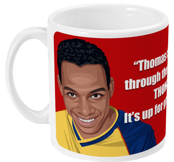 Retrotext ceramic mug featuring a Michael Thomas illustration and 1989 football commentary on a red background