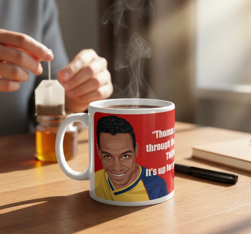 Retrotext ceramic mug featuring Michael Thomas and 1989 football commentary on a red background with steam rising