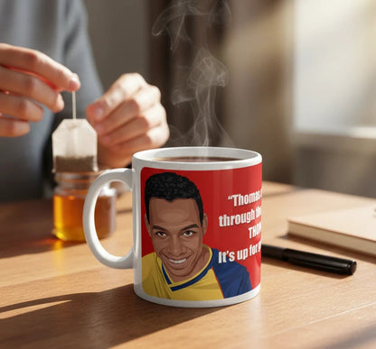 Retrotext ceramic mug featuring Michael Thomas and 1989 football commentary on a red background with steam rising