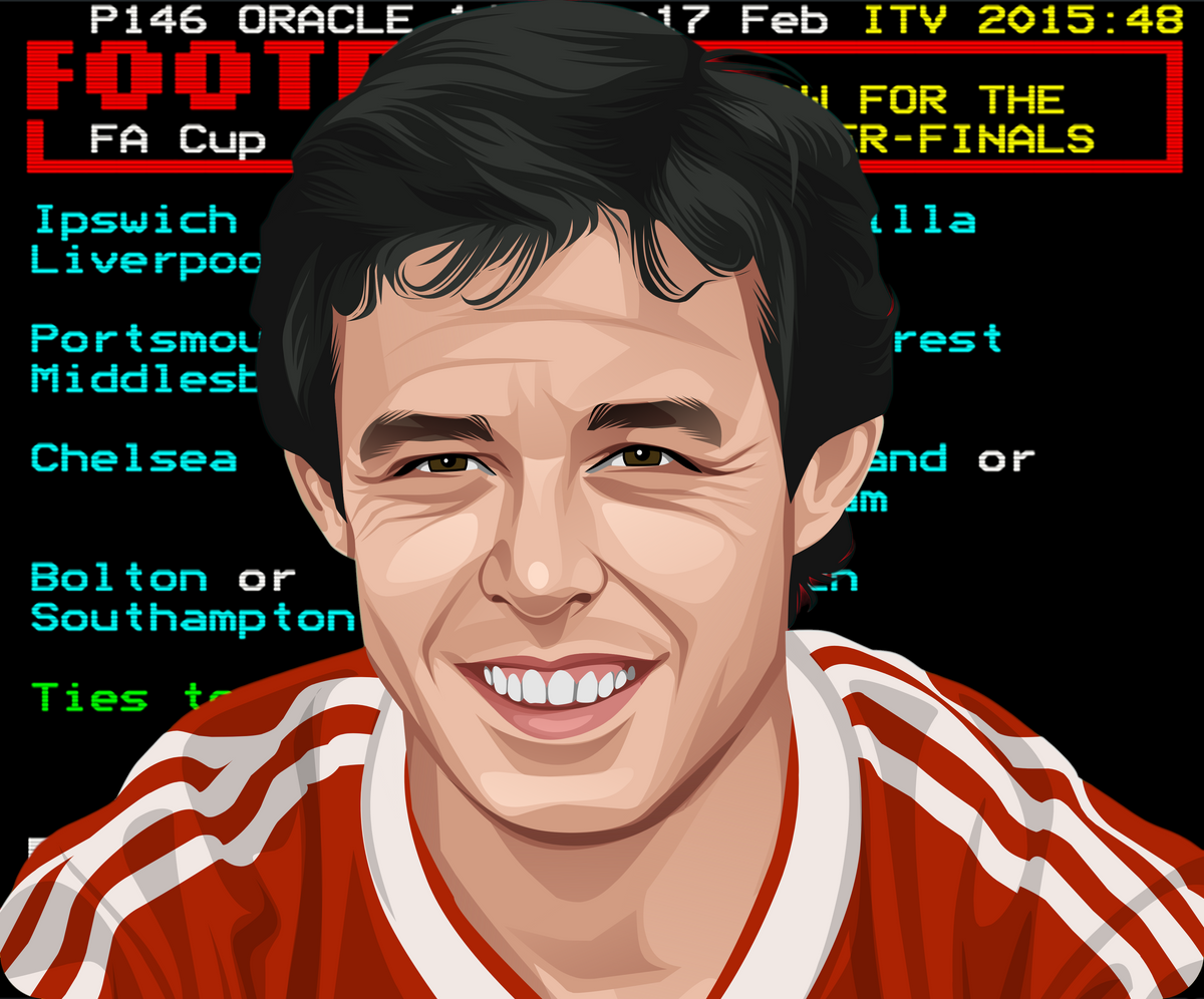 Retrotext 11oz glossy white mug featuring a digital illustration of Mickey Thomas against a vintage Teletext background