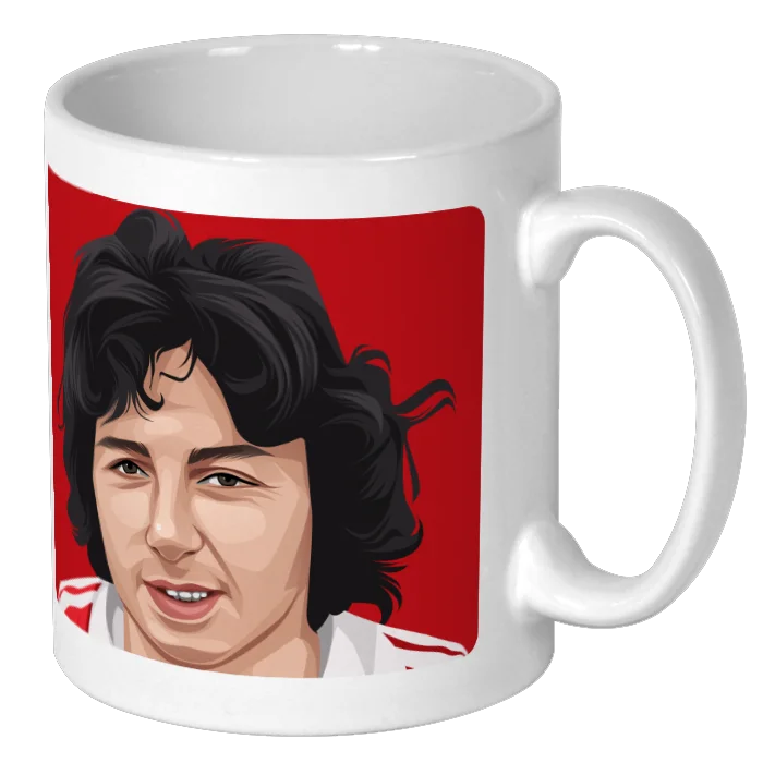 Retrotext 11oz white ceramic mug featuring a graphic illustration of Mickey Thomas from the 1992 Wrexham vs Arsenal game