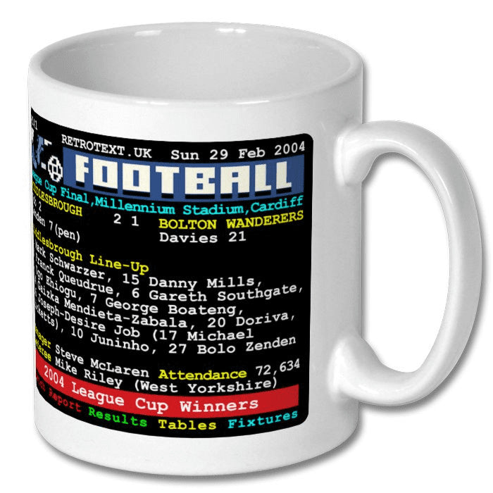 Retrotext white ceramic mug featuring a 2004 Middlesbrough League Cup final teletext match report design
