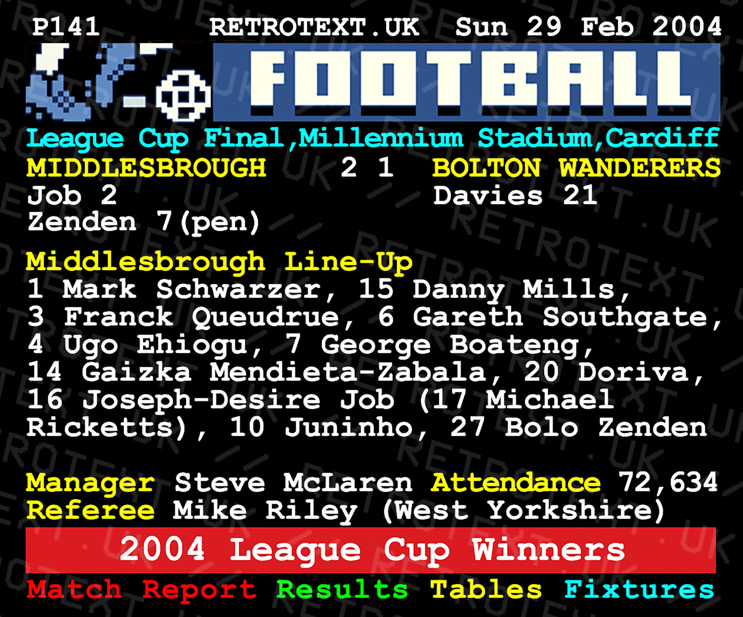 Retrotext Middlesbrough 2004 League Cup Winners mug featuring a vintage teletext football match report design