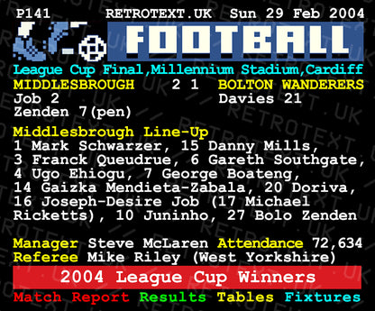 Retrotext Middlesbrough 2004 League Cup Winners mug featuring a vintage teletext football match report design