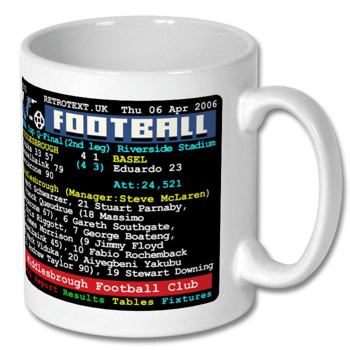 Retrotext white 11oz ceramic mug featuring a 2006 Middlesbrough UEFA Cup quarter-final teletext match report design.