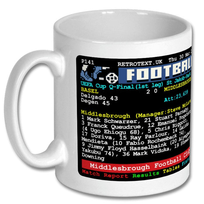 Retrotext Middlesbrough 2006 UEFA Cup Teletext mug featuring match details and team lineup on a glossy white finish.